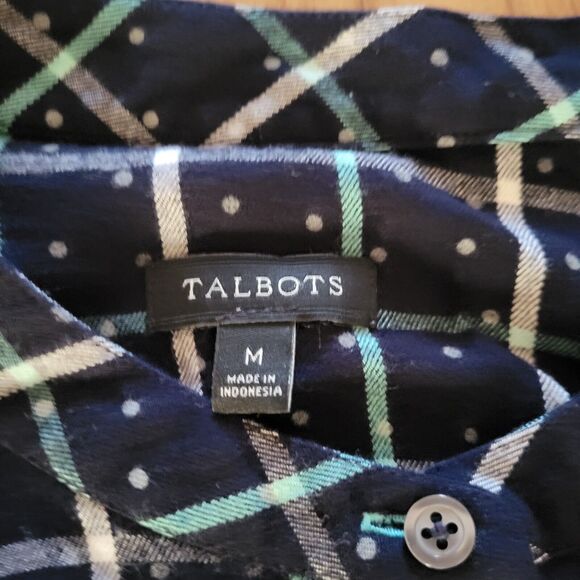 Talbots Top Shirt Womens Medium Blue Green Plaid Polka Dot Flannel Career Office - Picture 4 of 12